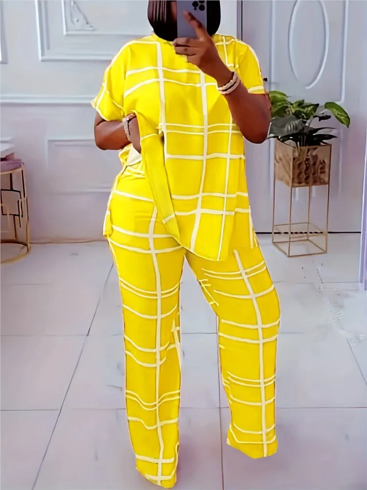 Spring Autumn New Women's Fashion Elements Striped Grid Printed Casual Round Neck Large Comfortable Two Piece Set