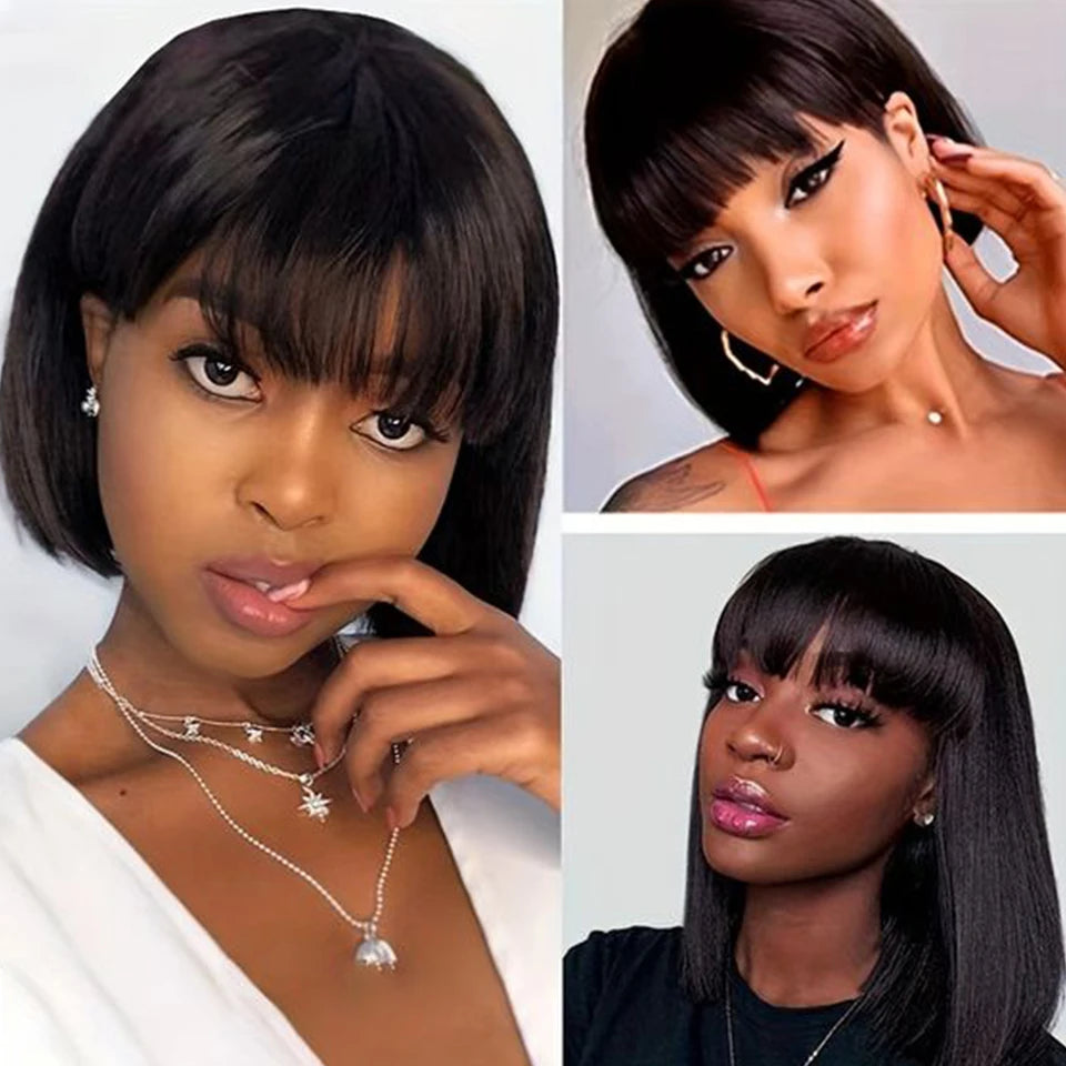 Brazilian Short Straight Hair Bob Wigs Non Lace Glueless Bob Wig Human Hair Wig With Bangs Remy Full Machine Made Wig for Women