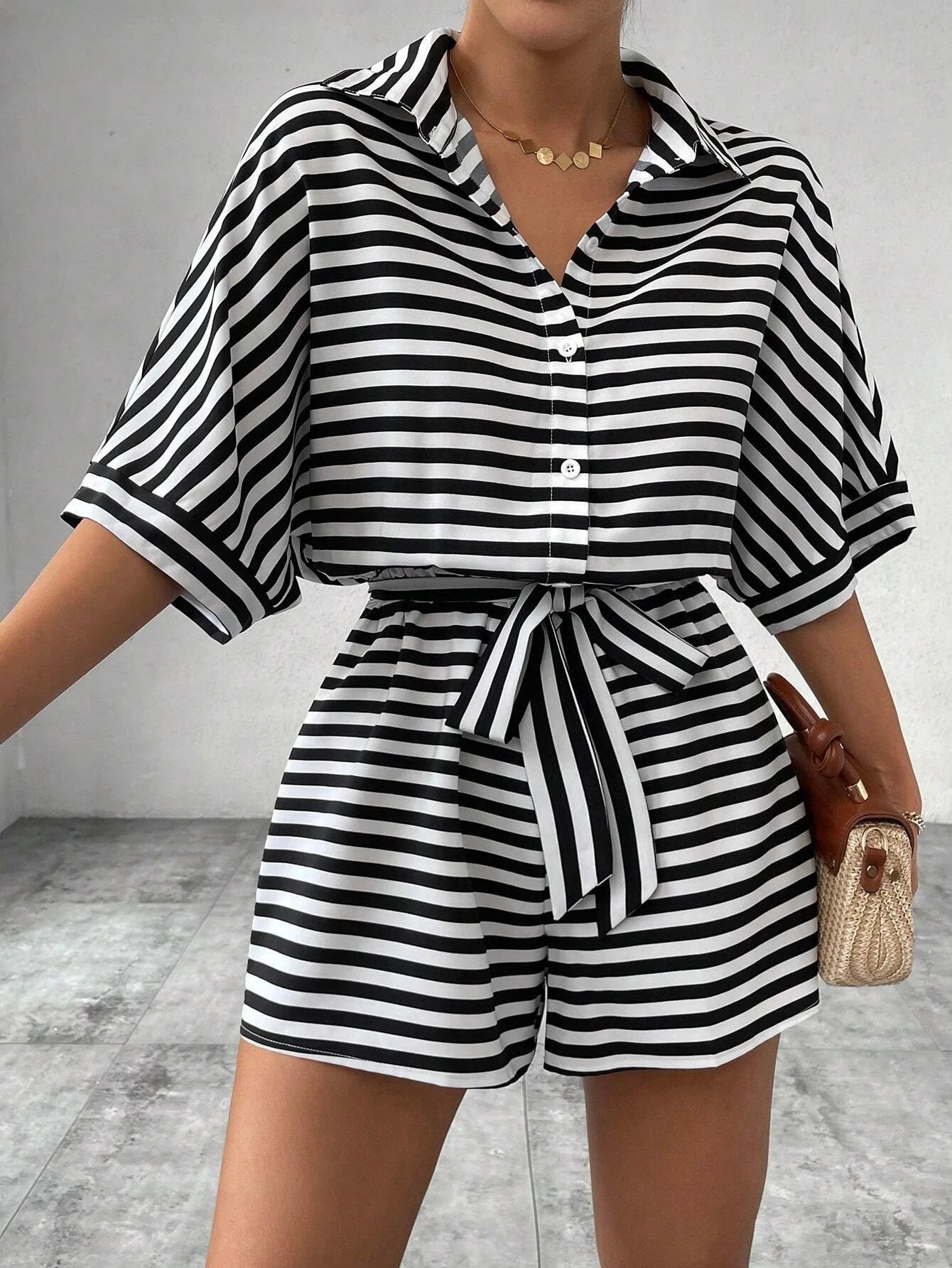 Summer New Set For Women's Casual Loose Comfortable Outfit Fashion Striped Batwing Sleeve Shirt Top+ Shorts 2-piece Sets Woman