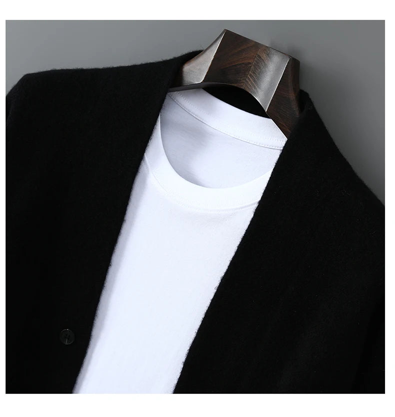 2025 Autumn Winter New Thick Cardigan 100% Pure Wool Men's Versatile Jacket V-Neck Loose Casual Highend Knitted Cashmere Sweater