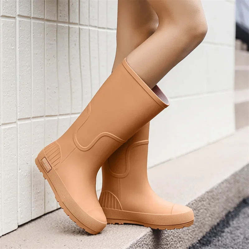 Women's High-Top Rain Boots Spring Autumn Waterproof Slip-Resistant Long Tube Shoes for Outdoor Work PVC Material Knee-High