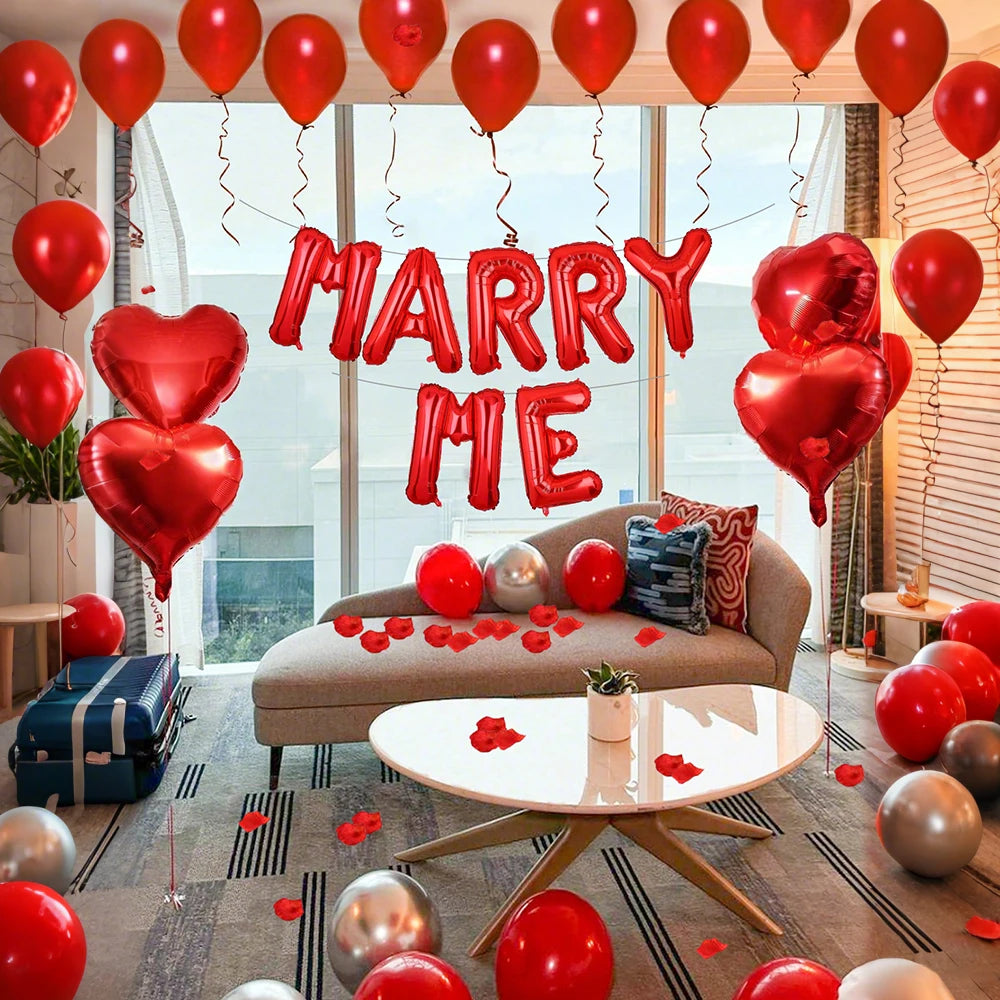 Marry me Red Balloon Set Simulation Rose Petals Heart shaped Balloon Valentine's Day Confession Proposal Decoration
