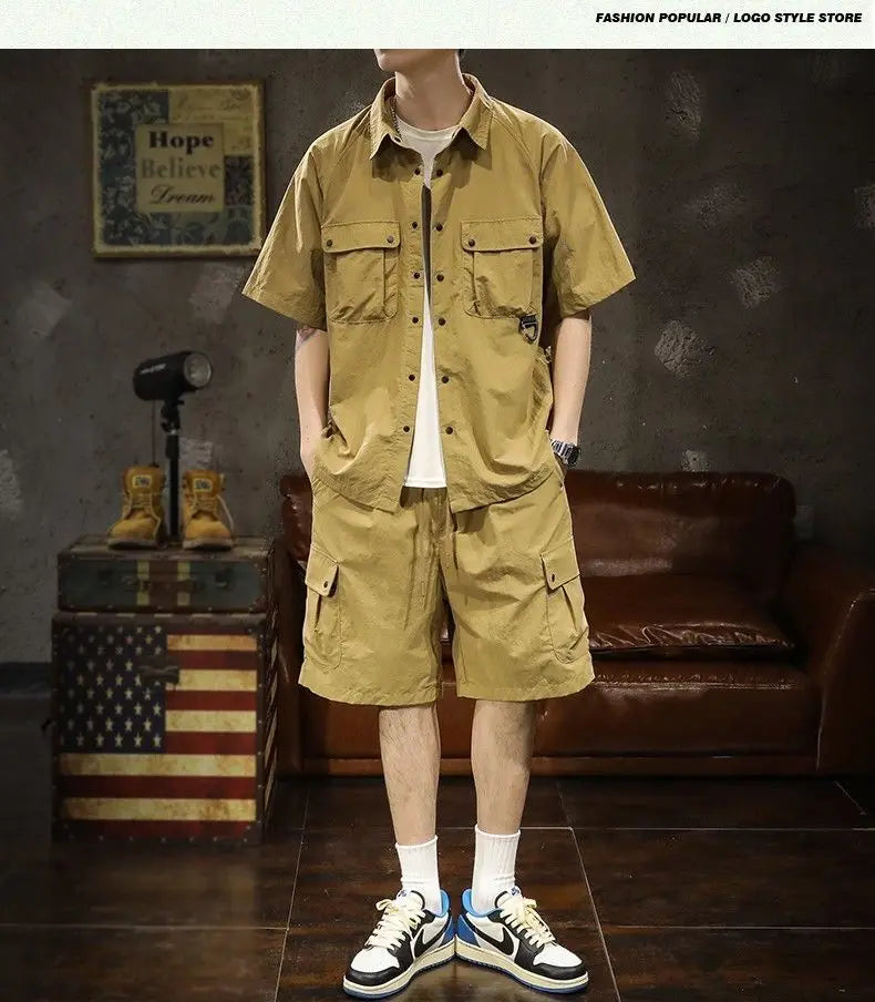 Trendy Cargo Summer Clothes Set Men Short Sleeve Shirt with Pockets And Shorts Solid Casual Safari Outdoor Outfits