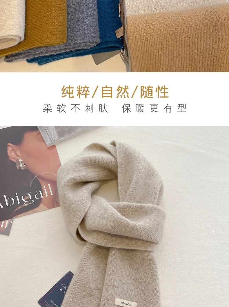High Quality 100% Wool Scarf Men Women Winter Autumn Solid Color Couple Muffler Simple Warm Versatile Knitted Scarf Male Female