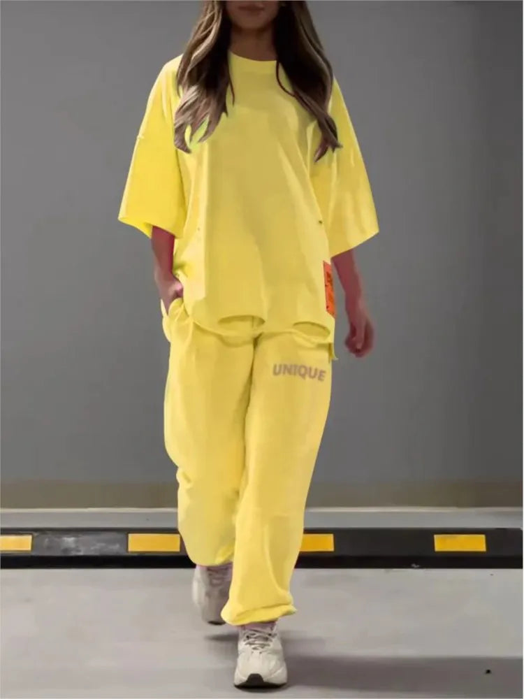 Summer New Fashion Hollowed Out O Neck T Shirt Women's 2 Piece Set Solid Color Casual Relaxed Tracksuit Pants Pocket Female Suit