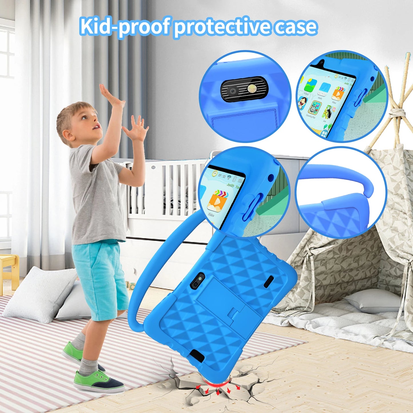 BDF-K3 Kids 7 Inch Android Tablets Quad Core 4GB+64GB ROM Cartoon Portable with Kids-Proof Protective Case Best Gift for Childre