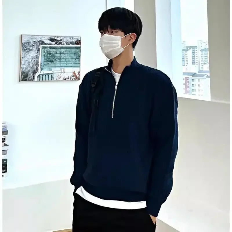 American Fashion Brand Design Korean Style Stand Collar Half Zipper Sweater Men's Temperament Versatile Knitted Sweater