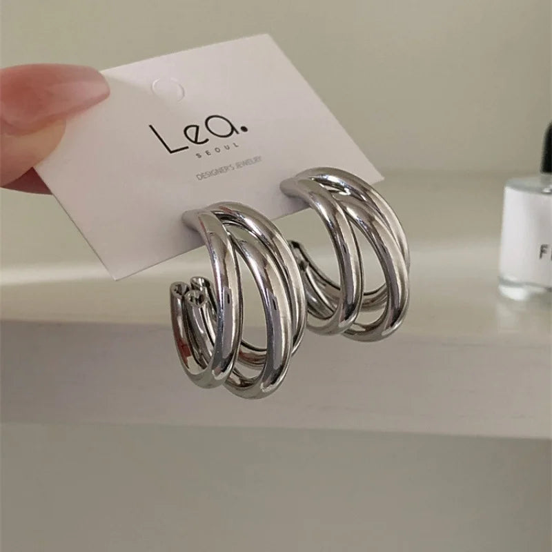 C Shaped Chunky Hoop Earrings for Women Girls Gold Color Double Ring Thick Geometric Drop Earrings Statement Jewelry Gift