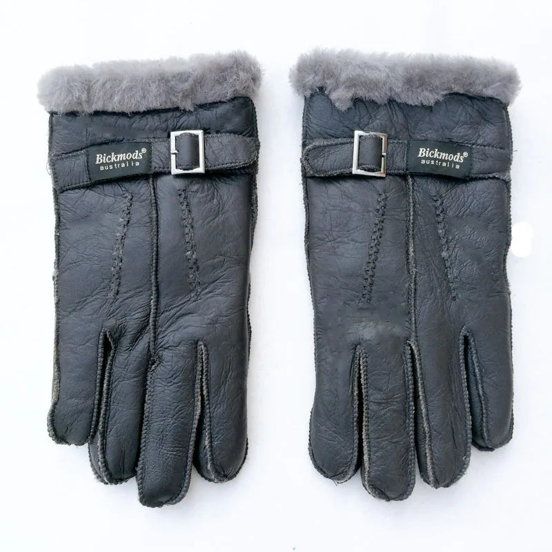 Sheepskin Fur Gloves Men's Thick Winter Warm Large Size Outdoor Windproof Cold Hand Stitching Sewn Leather Finger Gloves