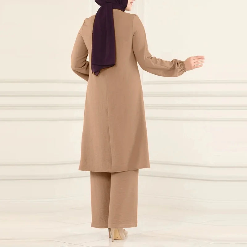 Islamic Fashion Clothing Suits for Women Spring Autumn Solid Color Elegant Abaya Long-sleeved Shirt Loose Wide-leg Pant Muslim