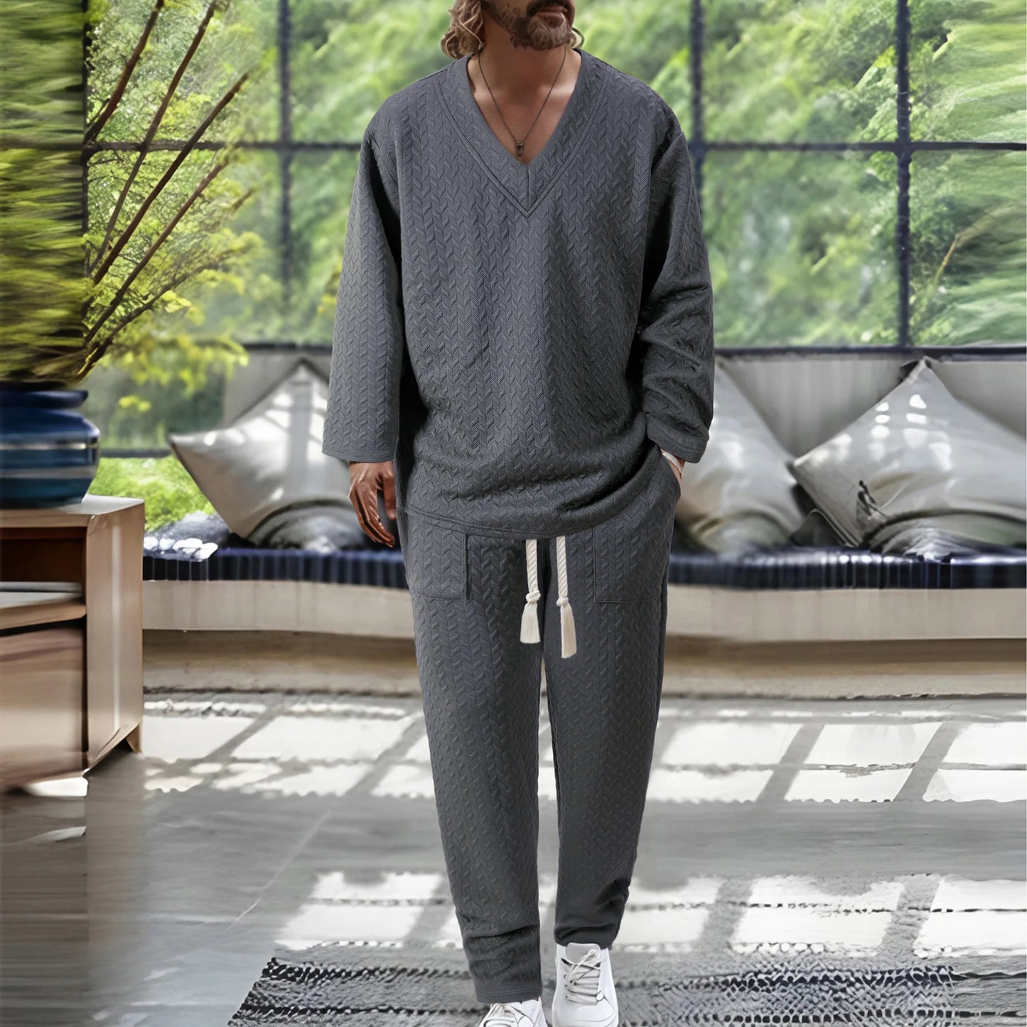 European American Autumn Casual Men's Textured Texture Solid Color V-neck Pullover Short Sleeve Drawstring Pocket Trousers Set