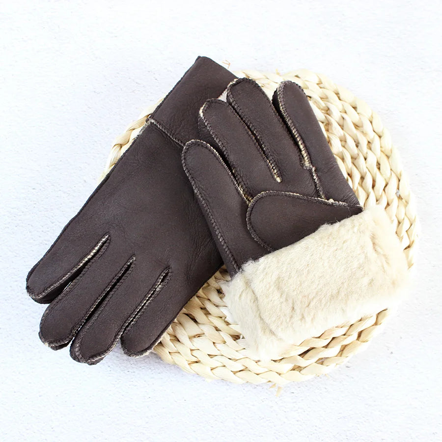 Winter Thickened Children's Sheepskin Fur Gloves Boys and Girls Windproof Warm Students Cold-Proof Leather Finger Gloves