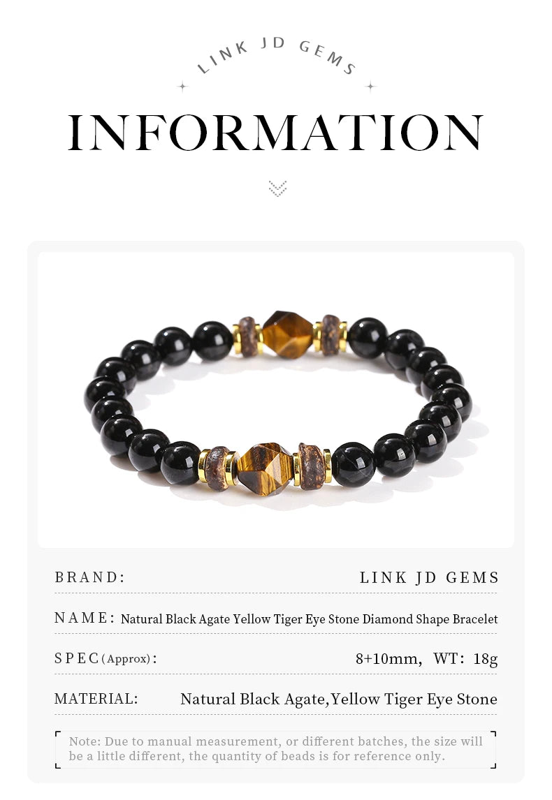 JD Natural Stone Black Agate Yellow Tiger Eye Faceted Bead Strand Bracelet Women Men Bohe Style Yoga Healing Energy Jewelry