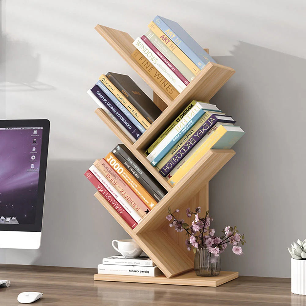 【Breeins】Rustic Standing Tree Bookshelf Wood Display Rack For Home Office Decoration Storage Organizer Shelf Bookcase