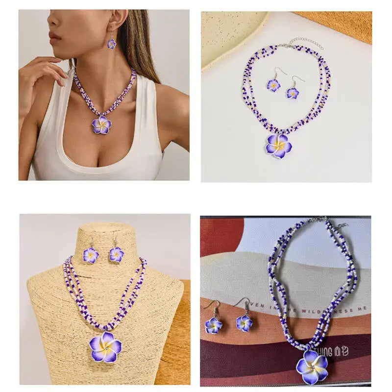 Egg Flower Earrings Necklaces Set Pendant Bohemia Flower Necklaces Earrings Drop Earrings Choker Vacation Style Jewelry Girl