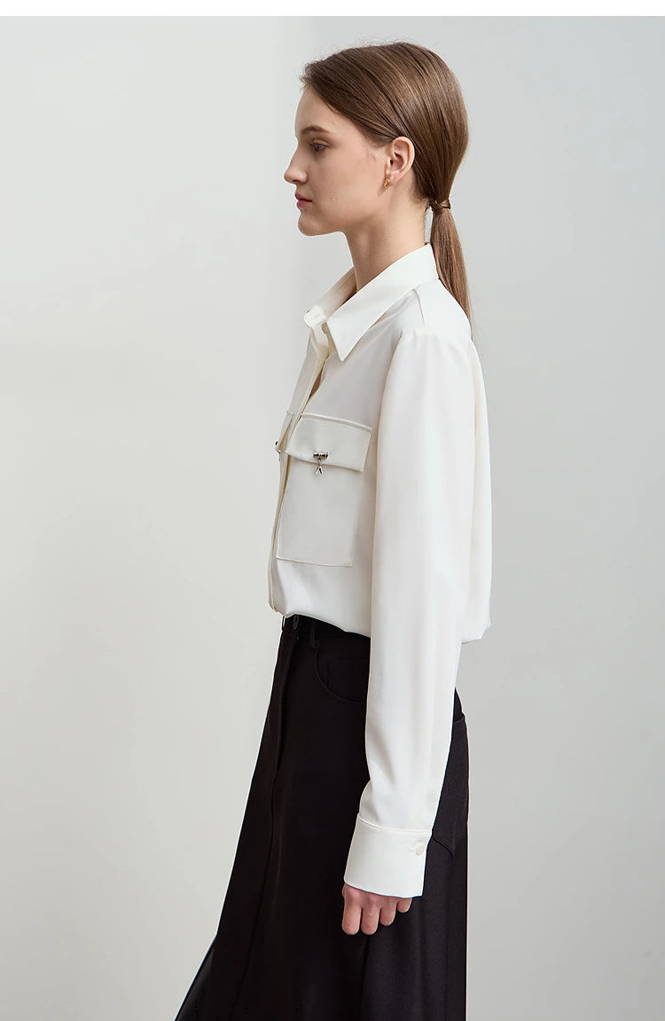 AMII Minimalist Chiffon Shirt Women 2025 Spring New Temperament Gentle Lapel Bamboo Work Pocket Concealed Button Tops 12521032