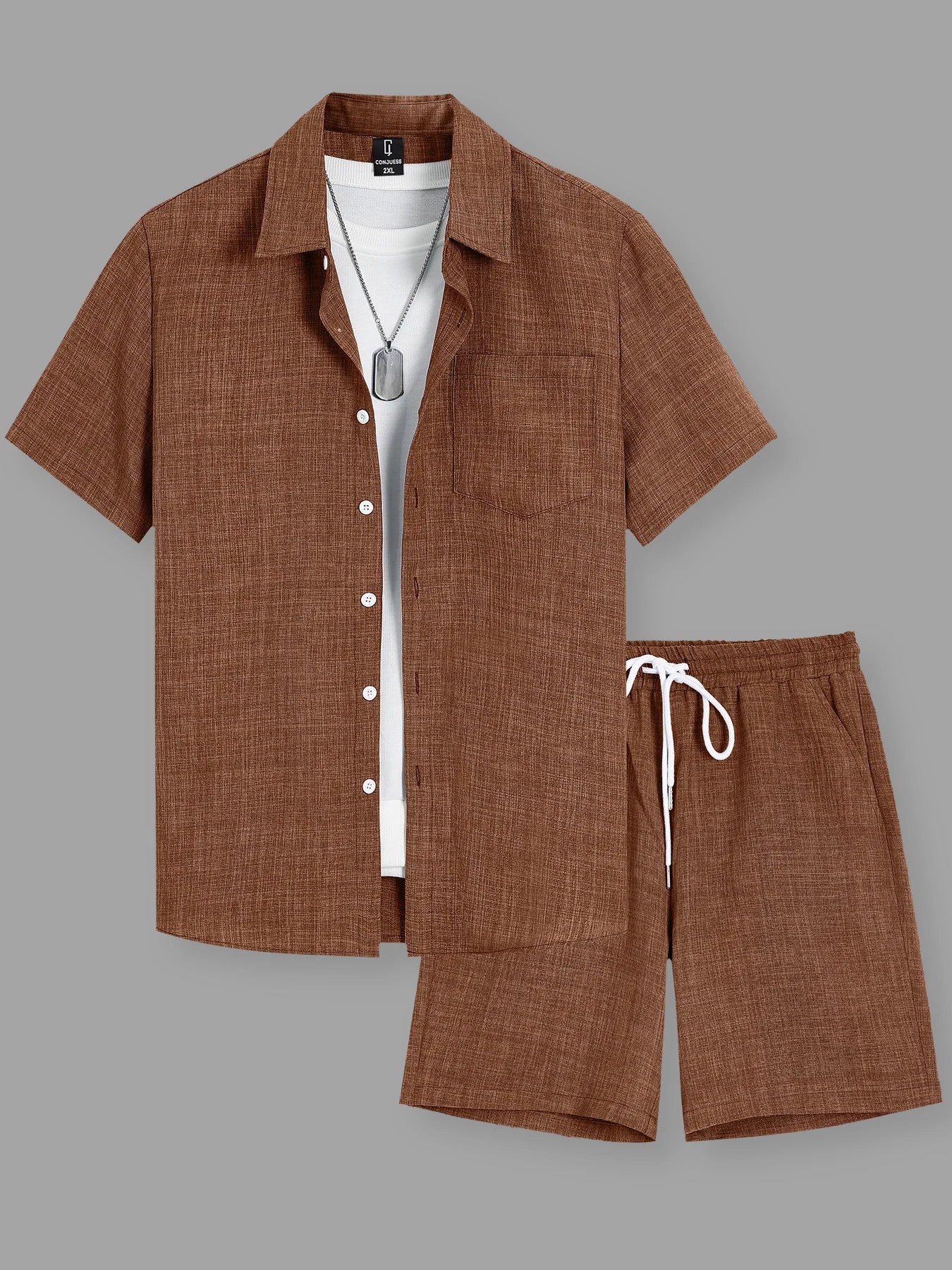 Plus Size Men's Minimal Textured Set, Single Pocket Linen Shirt & Matching Shorts for Casual Commute