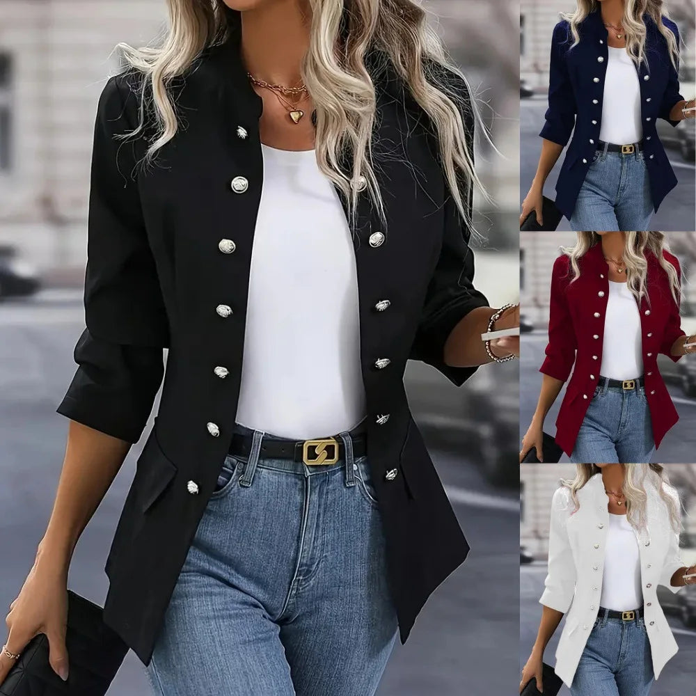 Women's Clothing Popular Winter Fashion Solid Stand Collar Double Breasted Cardigan Jacket for Women Blazers