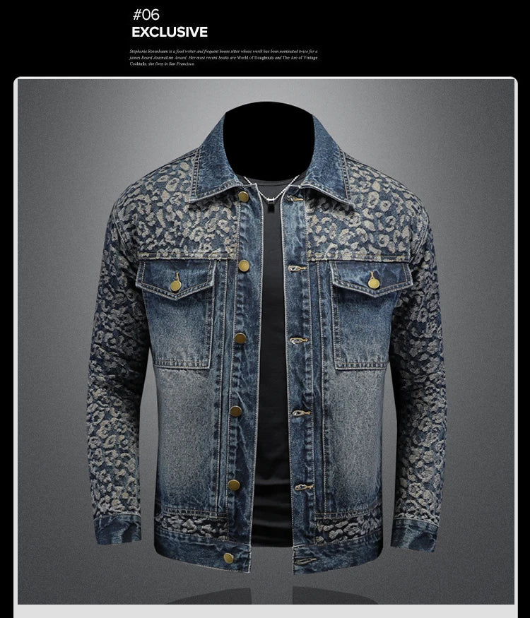 High Quality Jacquard Spliced Denim Jacket for Men Casual Business Social Denim Social Streetwear Jacket Outwear Coat 2025