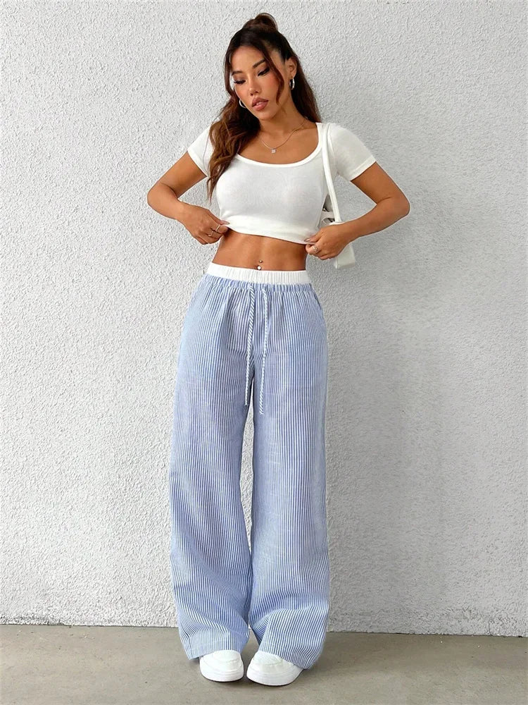 Casual Striped Woven Wide Leg Pants for Women Autumn Winter Casual Stylish Full Length Trousers Y2K Clothes Streetwear