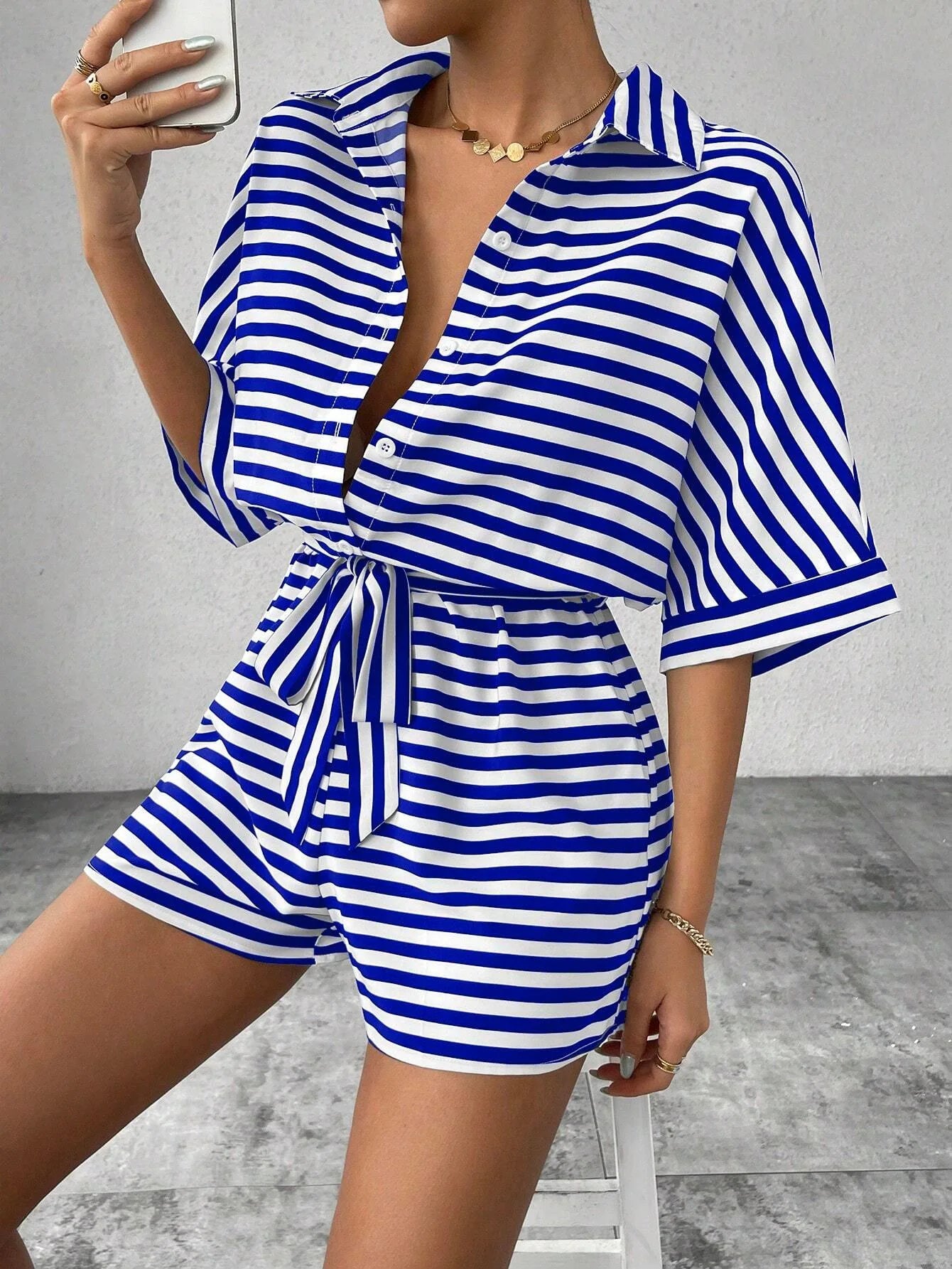 Summer New Set For Women's Casual Loose Comfortable Outfit Fashion Striped Batwing Sleeve Shirt Top+ Shorts 2-piece Sets Woman