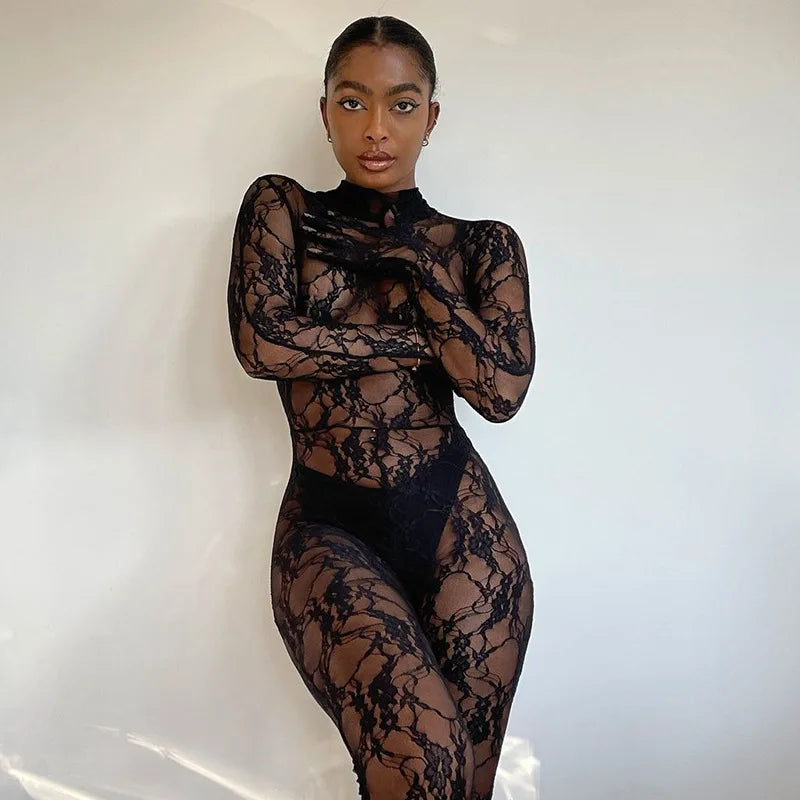 Mesh Sheer Hollow Out Long Sleeve Sexy See Through Skinny Exotic Jumpsuit Bodycon Summer Women Outfit Night Party with Gloves