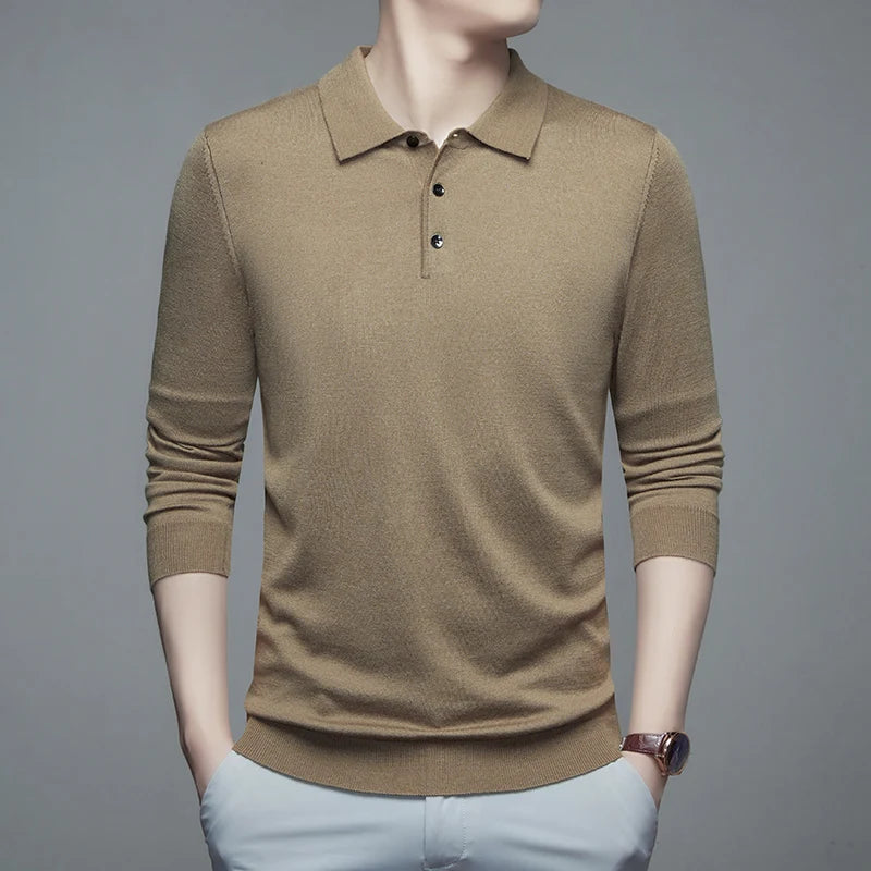 Men's Fine Wool Sweater Polo Collar Pullover Spring Autumn New Cashmere Knitwear Smart Casual Loose Men's Shirts Warm Soft Tops