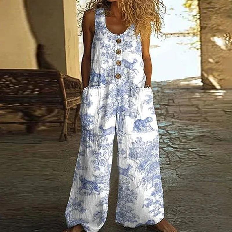Ethnic Retro Floral Print Wide Leg Jumpsuits Woman Elegant U Neck Button Pocket Rompers Playsuit Summer Sleeveless Strap Overall