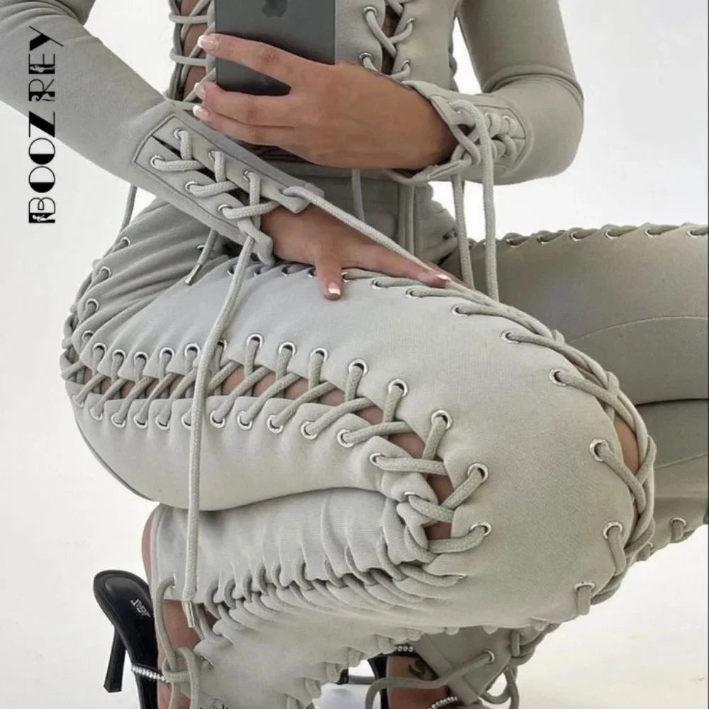 BoozRey Y2k Women Pants Streetwear Low Waist Pant 90s Vintage Clothes Skinny Slim Sexy Lace Up Hollow Out Straight Trousers