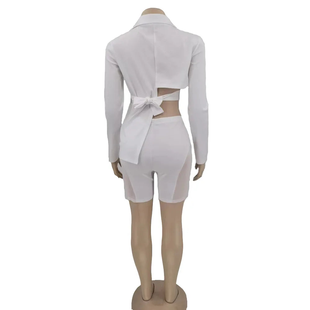 ANJAMANOR Two Piece Club Outfits Women Sexy Asymmetric Blazer and Mesh Shorts Leggings Matching Sets Fall 2023 D58-ED25