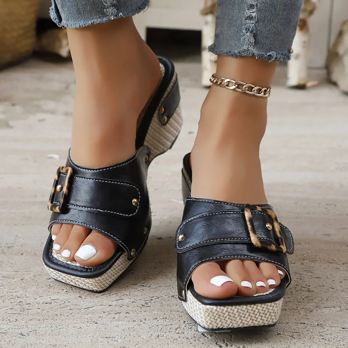 2025 Summer Fashion Sandals Thick Soled Interior Height Increasing Color Blocked Slope Heel Large 43 Women's Shoes Mules