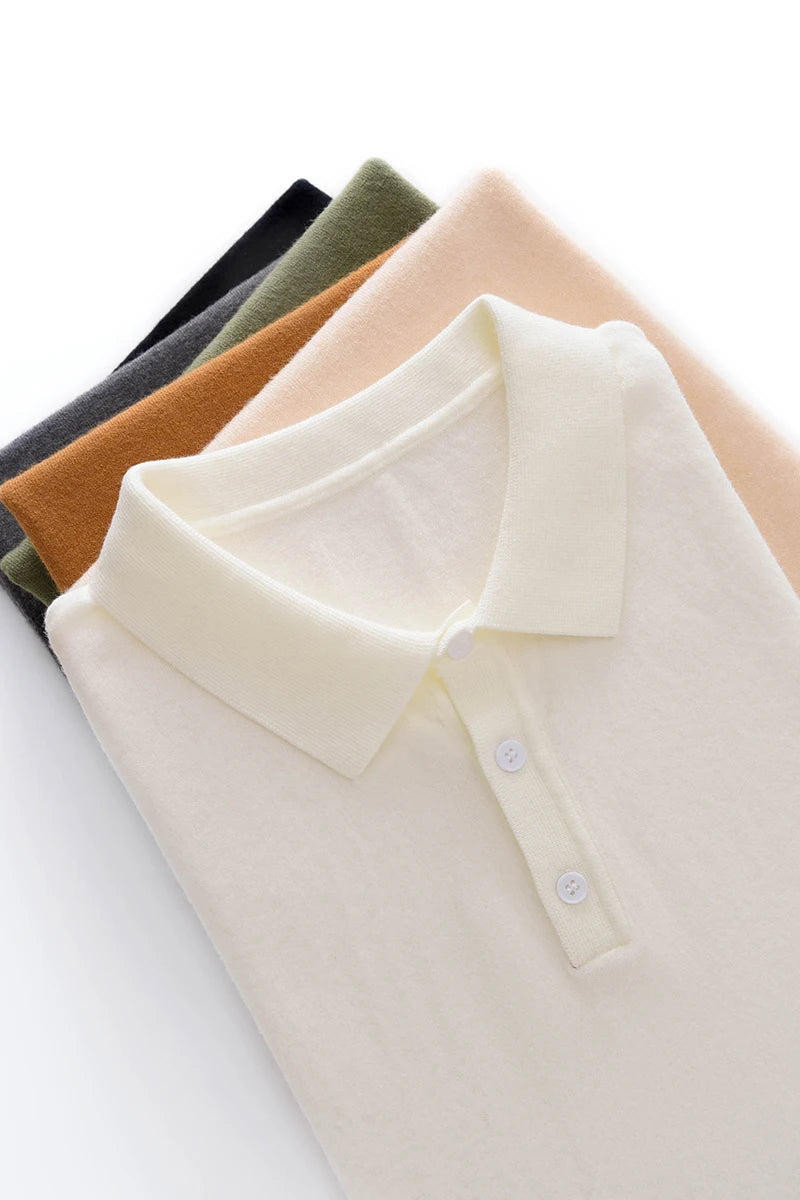 2025 Classic Polo Neck T-Shirt Pullover Men Knitwear Wool Lyocell Blend Sweater Short Sleeved Cool High-Quality Clothing Tops