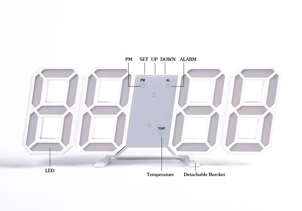 Wall Clock Digital Alarm Modern Kitchen Electronic Smart 3D USB Power Supply LED Time Date Temperature Display Desktop Bedroom