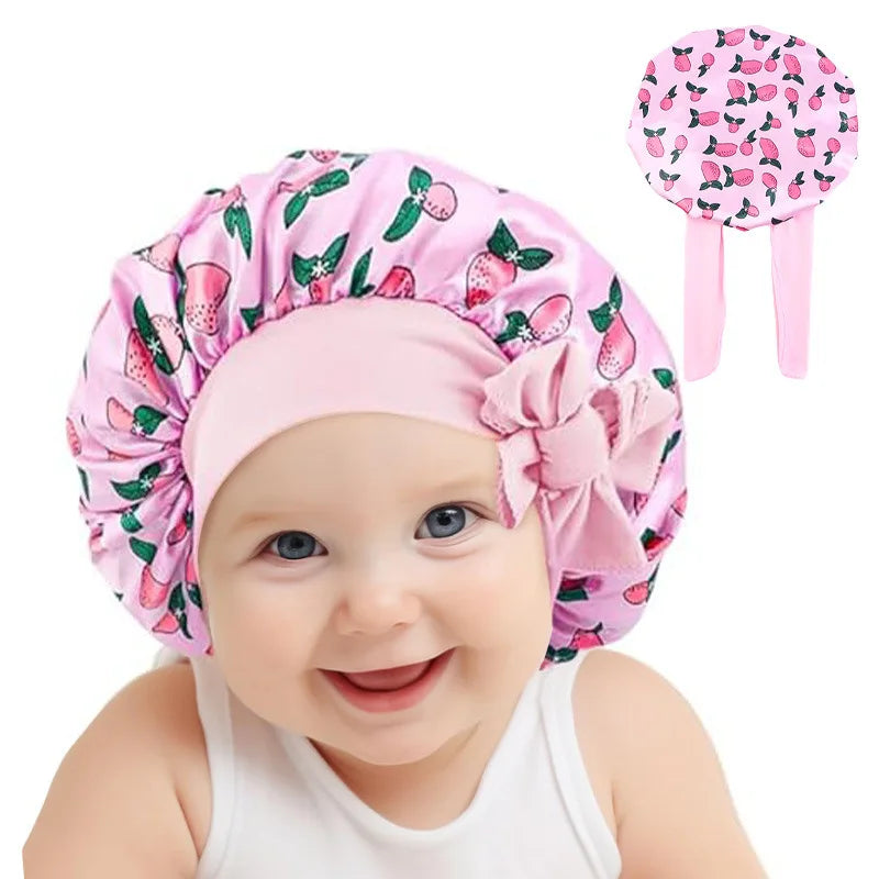 Adjustable Silky Satin Cap  Cartoon Baby Kids Print Satin Bonnet Sleep Hat Cap for Curly Hair