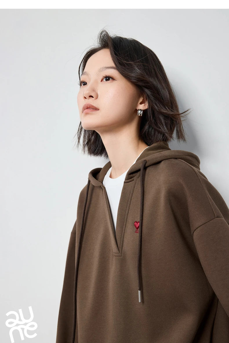 TOYOUTH Women Hoodies Sweatshirt 2024 Autumn New Heart Patter Embroidery Fake Two Piece Hooded Pullover Tops