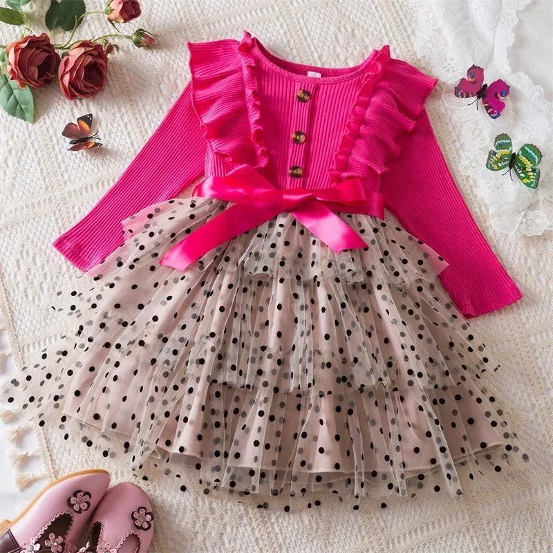 2025 New Kids Dresses for Girls Long Sleeve Fall Dress Polka Dot Birthday Party Costume Autumn Winter Dress Children Clothing