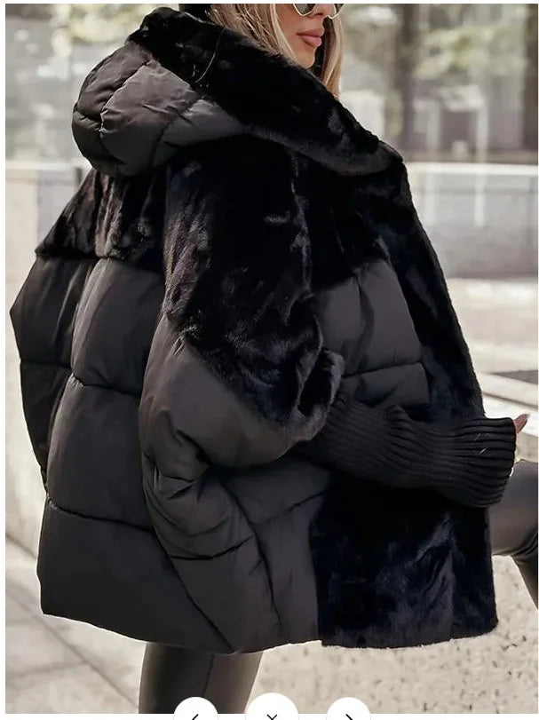 Women‘s Hooded Patchwork Warm Coat Autumn Padded Jacket Oversize Outerwear In Winter