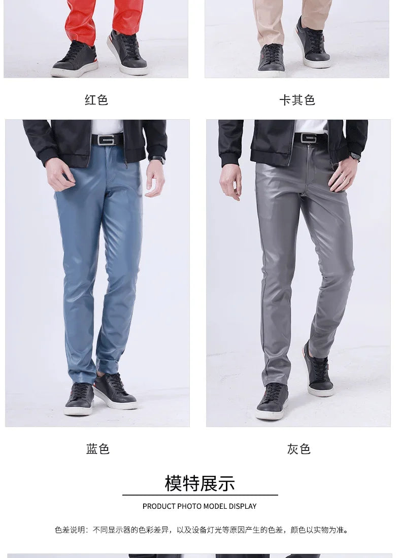 Spring Autumn Stretch Skinny Faux Leather Pants Men Black White Red Blue Khaki Grey PU Pants Plus Size 40 Men Joggers