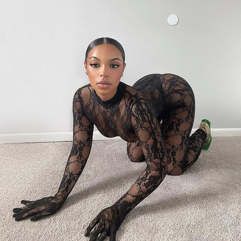 Mesh Sheer Hollow Out Long Sleeve Sexy See Through Skinny Exotic Jumpsuit Bodycon Summer Women Outfit Night Party with Gloves
