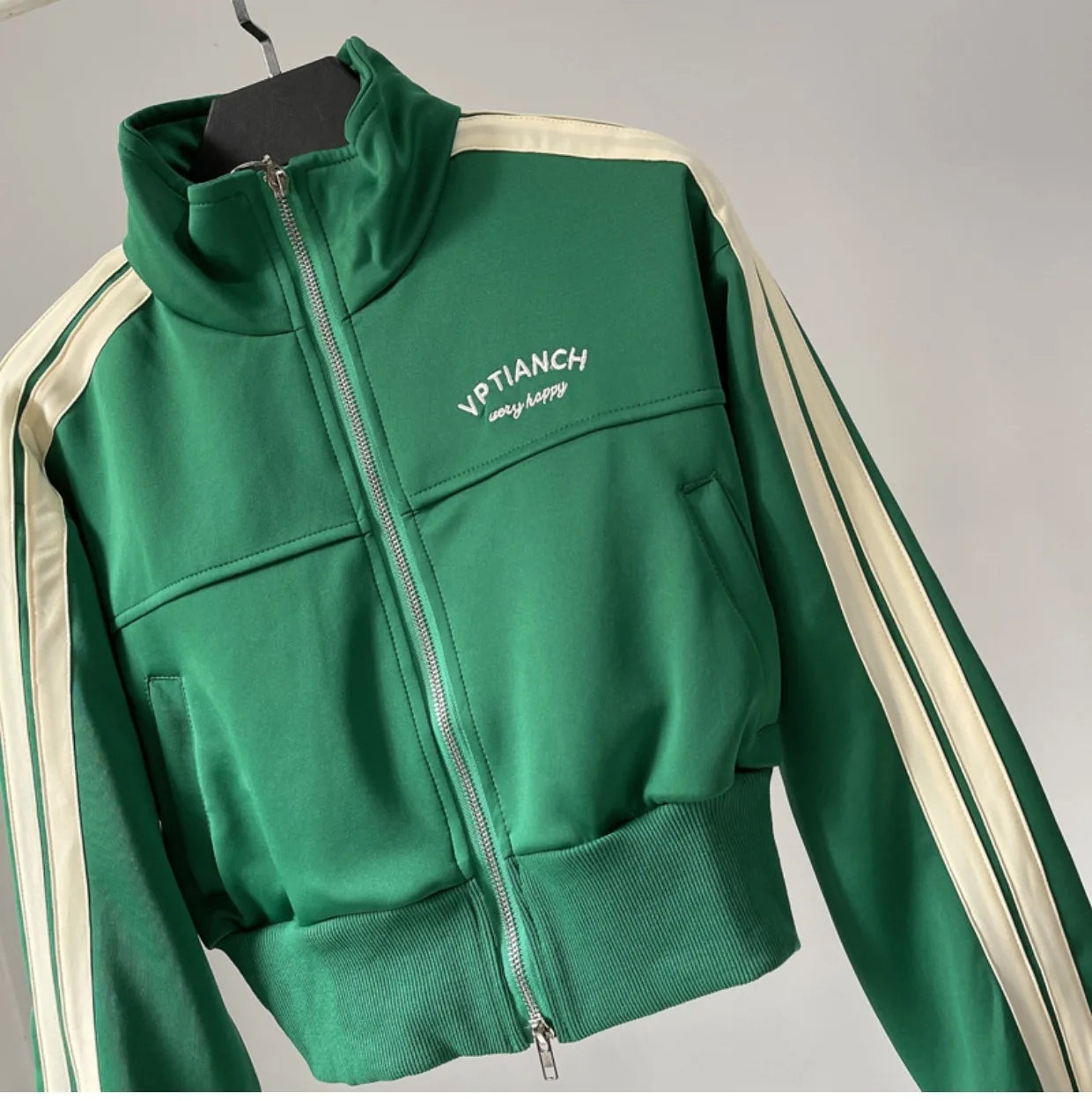 [YOZOU] Spring Double Zipper Baseball Cropped Jacket Women Outerwear Embroidered Striped Green Black White Blue Zip Up Coat