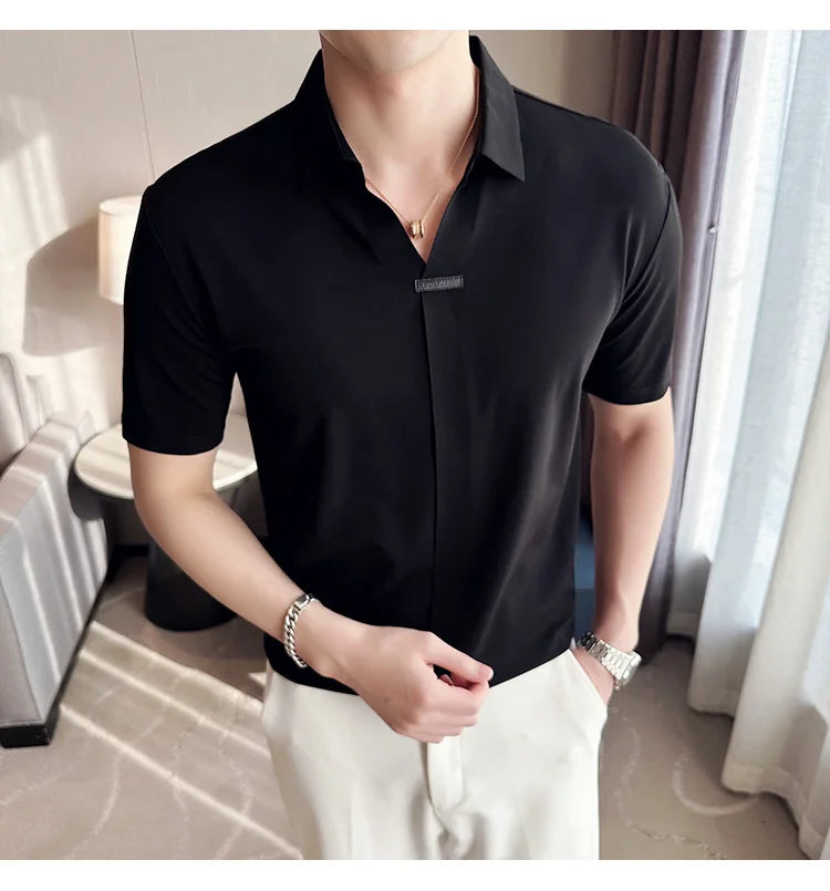 Luxury Purple Polo Shirts For Men High Quality Summer Short Sleeve Men's Polos Ice Silk Elastic Slim Fit Turn Down Collar Tees