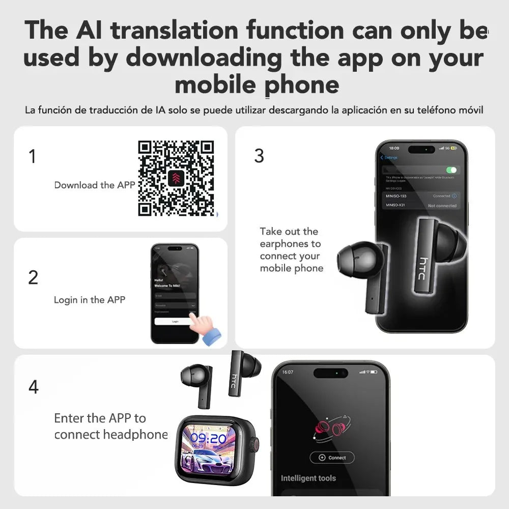 [HD On-screen subtitles] HTC Earphones Bluetooth V6 TWS Sports Wireless Headphones AI Translator Earbud Noise Reduction Mic
