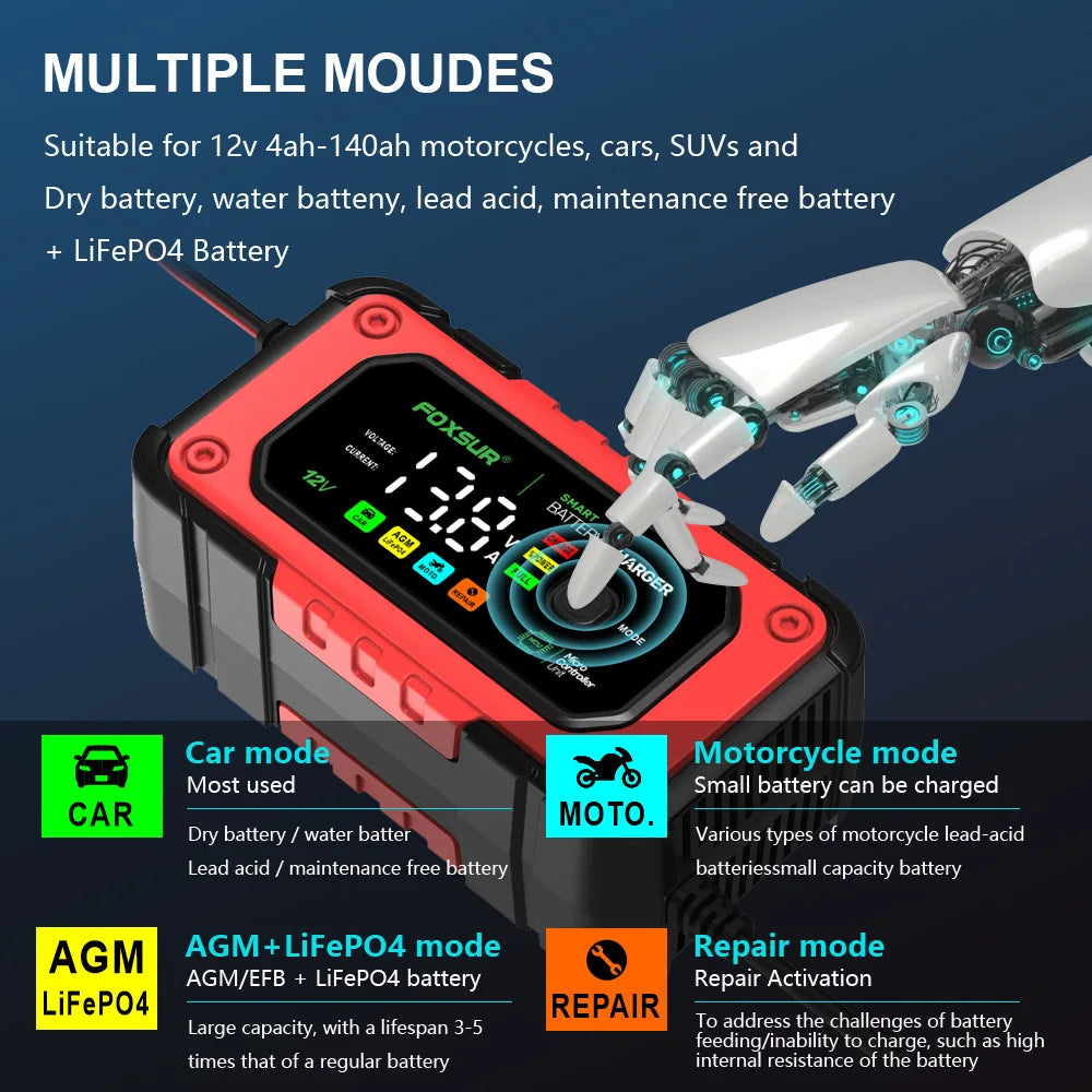 EAFC 12V 7A Car Battery Charger Smart Multiple Protection AGM Lithium Iron Lead-acid Charger for Car SUV RV Motorcycle Truck