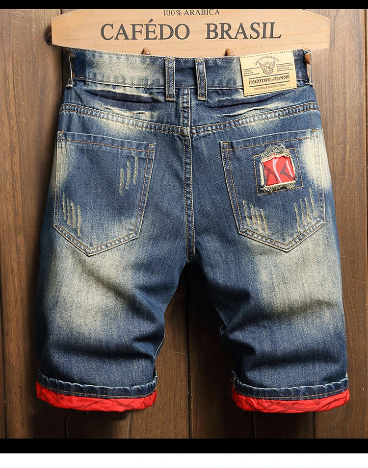 2025 Summer Ripped Denim Shorts Men's Loose Splicing Knee-length Casual Short Jeans Personality Streetwear Hip Hop Male Clothes