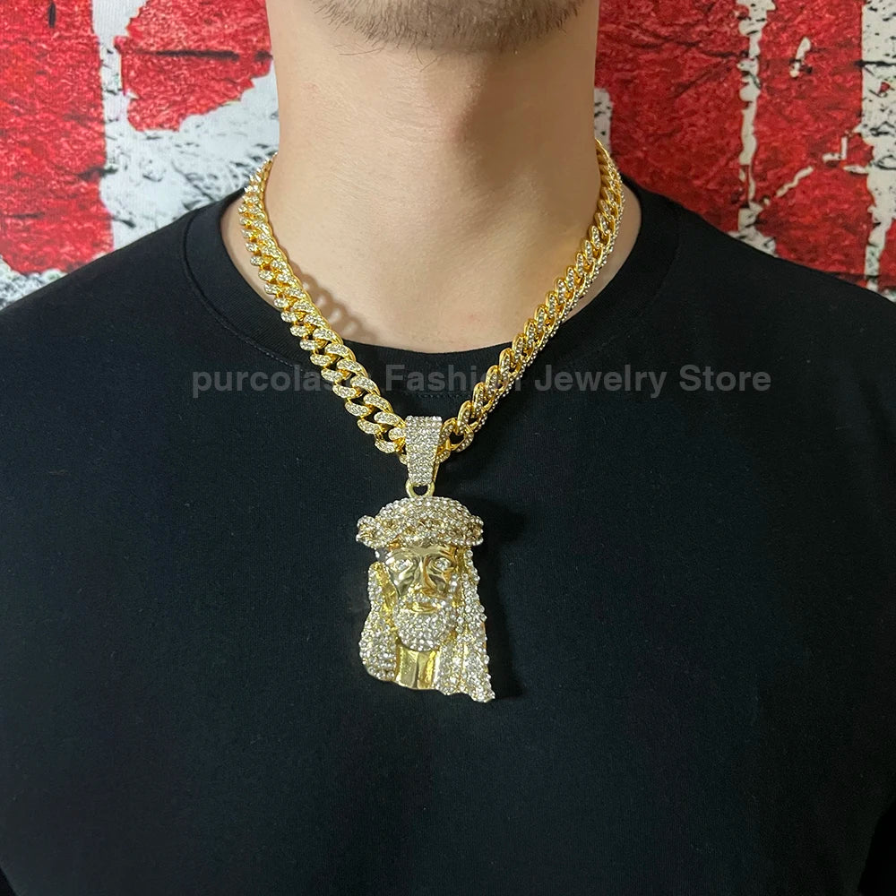 Men Hip Hop Rapper Popular Necklace Religious Jesus Portrait Pendant Rhinestones Cuban Chain Jewelry