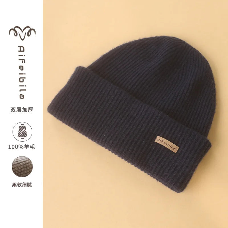100% Merino Wool Double-Sided Beanie for Men Women Thick Soft Warm Winter Skull Caps Solid Color Knitted Beanies Hat