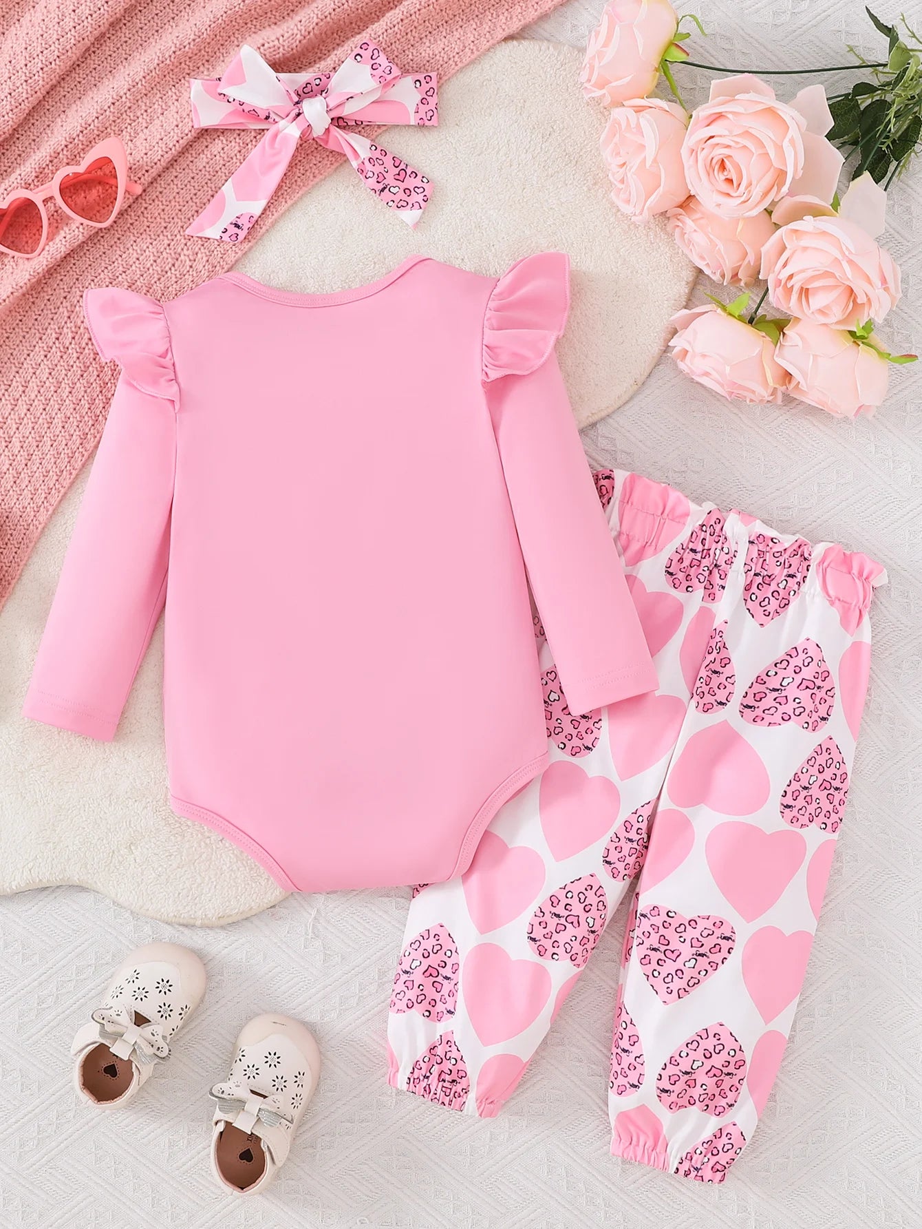 Girls Spring Autumn Casual Long Sleeve Letter Print Pink Triangle Romper Full Print Long Pants Headscarf Set