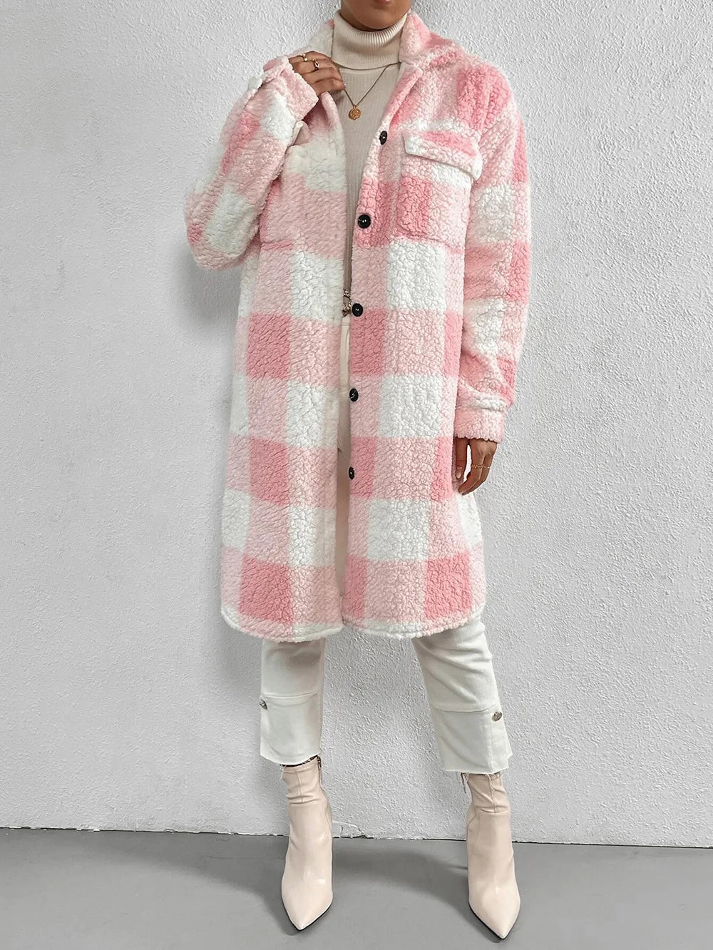 Cardigan 2023 Autumn Long Sleeved Turn-down Collar Plush Plaid Coat Loose Temperament Commuter Longline Jacket Women Outerwear