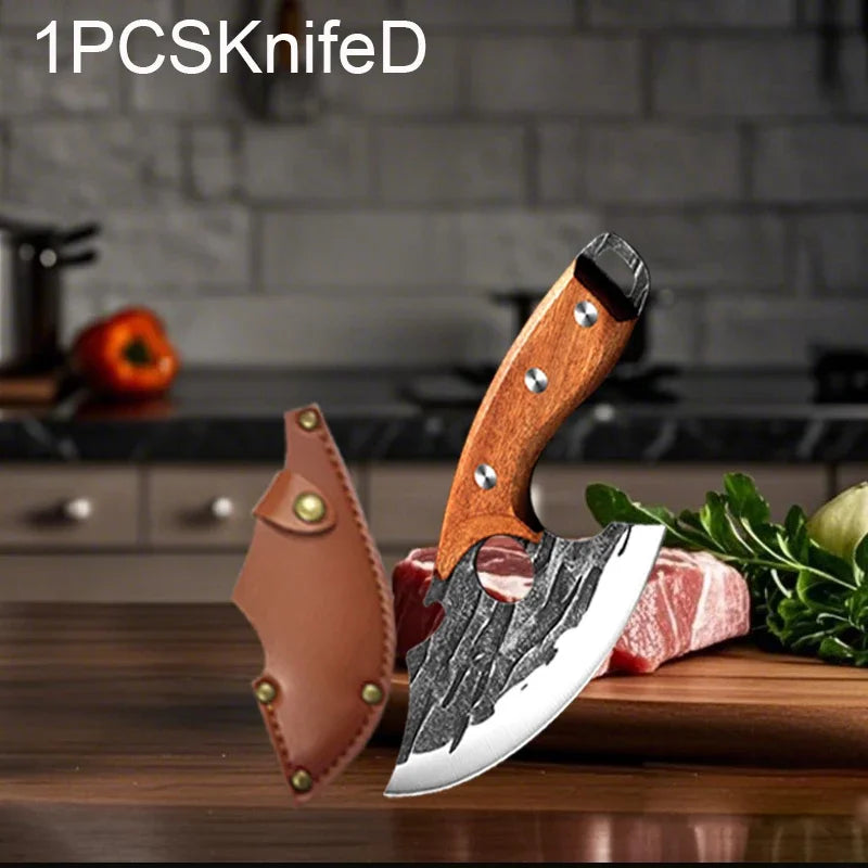 Kitchen Knife Supplies Forged Butcher Knife Fruit Slicing Bottle Opener Knife Multipurpose BBQ Cooking Chef Knife Wood Handle