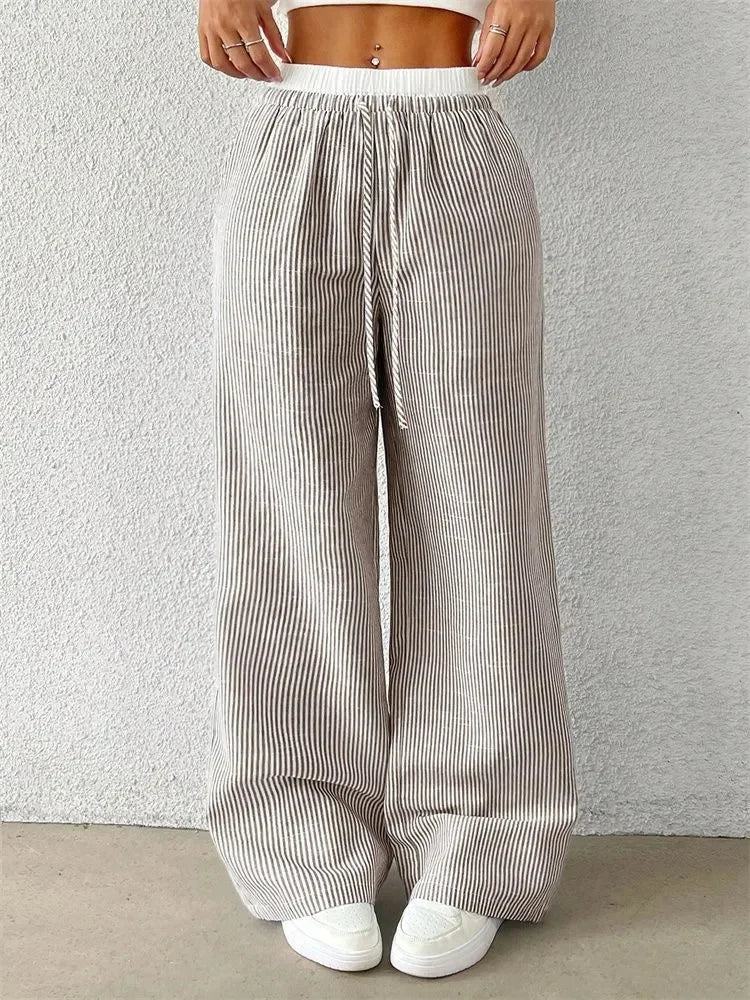 Casual Striped Woven Wide Leg Pants for Women Autumn Winter Casual Stylish Full Length Trousers Y2K Clothes Streetwear